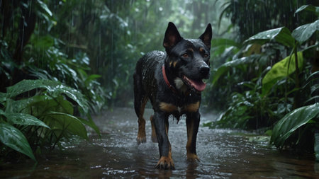 German shepherd in a rain. Selective focus on the dog.の写真素材