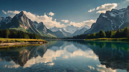 Mountain lake with reflection of mountains in the water. Landscape.