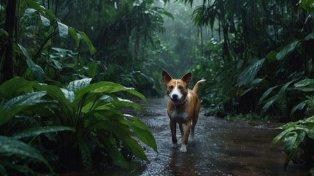 dog running in the rain in the rainforest with raindrops.の写真素材
