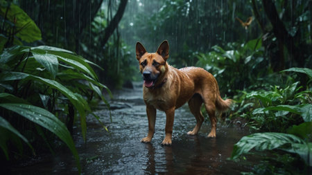 Dog in rain forest. Portrait of a dog in rain forest.の写真素材