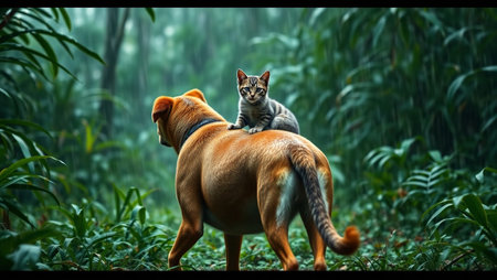 Cute cat sitting on the back of a dog in the jungle