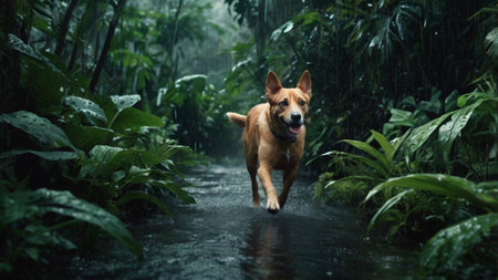 Dog running in the rain in the rainforest.の写真素材