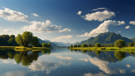 beautiful summer landscape with lake and mountains in the background, panorama