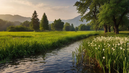 Rice field and river in the morning. Beautiful nature background.の写真素材