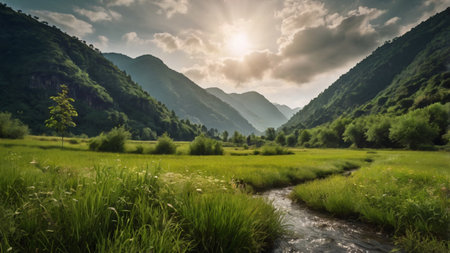 Landscape with a river in the mountains. Beautiful summer landscape.の写真素材