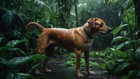 Brown dog standing in the rain forest with rain drops on his faceの写真素材