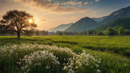 Landscape of rice field and mountain in the morning with sunlight.の写真素材