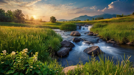 Beautiful landscape with mountain river and green meadow at sunset.