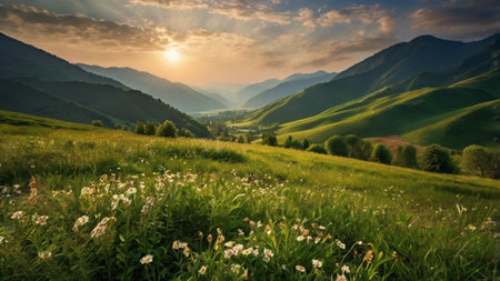 Sunset in the mountains. Beautiful summer landscape with grass and flowers.の写真素材