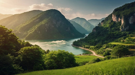 Panoramic view of the lake and mountains in Montenegro.の写真素材