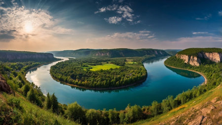 Panoramic view of the bend of the river. Beautiful summer landscape.の写真素材