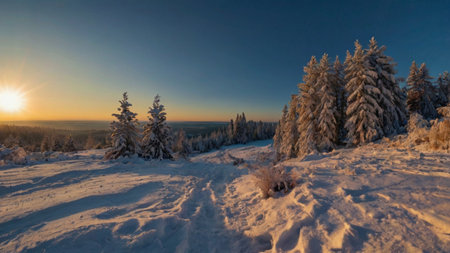 Snowy forest at sunset, Carpathian Mountains, Ukraine.の写真素材