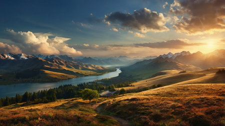 Panoramic view of the lake and mountains at sunset, New Zealand