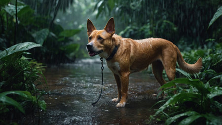 Brown dog standing in the rain in the rainforest. Selective focus.の写真素材