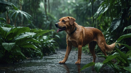 Cute golden retriever dog standing in the rain in the gardenの写真素材