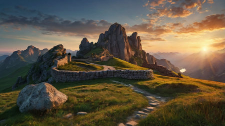 Panoramic view of the famous Dolomites mountain at sunset.の写真素材