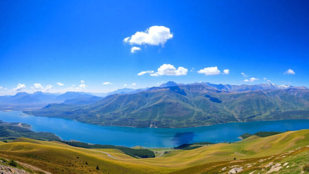 Natural landscape of New Zealand alps and lake with clear blue skyの写真素材