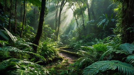 Beautiful tropical rainforest with sun rays shining through the trees.