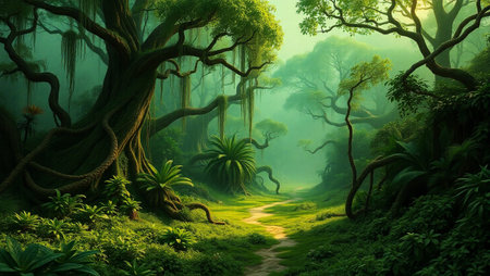 Fantasy forest with a path in the middle of the jungle.