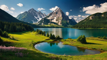 Panoramic view of the lake in the Alps, Switzerland