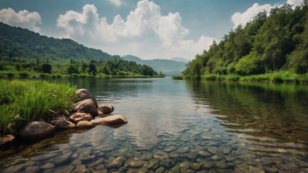 Beautiful mountain landscape with river and blue sky. Panorama.の写真素材