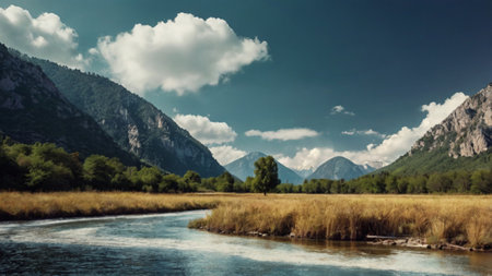 Landscape with river and mountains in Montenegro, Balkans, Europeの写真素材