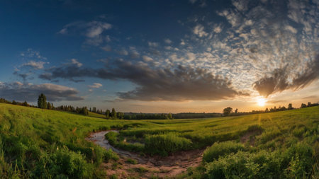 Beautiful sunset in the summer field. Panoramic view.