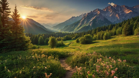 Panoramic view of the alpine meadow in the mountains at sunset.