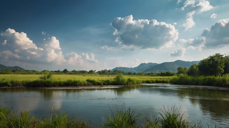 Landscape of rice field and blue sky with white clouds in Thailand