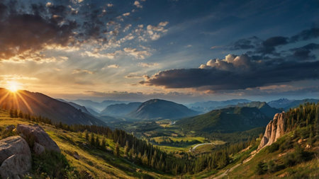 Mountain panorama at sunset. Beautiful summer landscape in the Alps.の写真素材