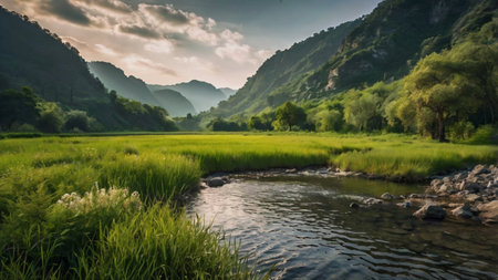 Beautiful landscape of mountain river and green meadow in the morningの写真素材