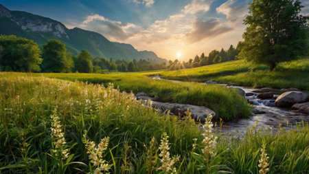 Panoramic view of the mountain river and meadow at sunsetの写真素材