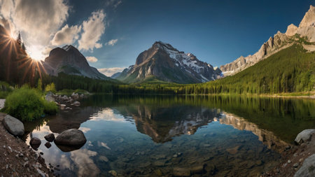 Panoramic view of Lake Louise in Banff National Park, Alberta, Canadaの写真素材