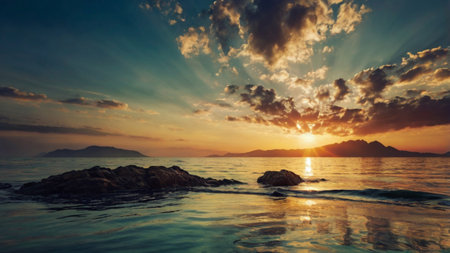 Beautiful seascape. Dramatic sunset over the sea.の写真素材
