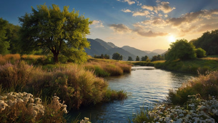 Sunset over the mountain river in summer. Beautiful summer landscape.