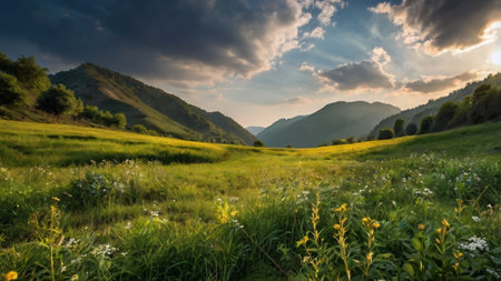 Panoramic view of green meadow in the mountains at sunsetの写真素材