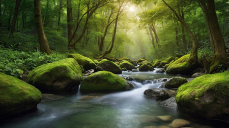 Mountain stream in the green forest. Beautiful nature scene with flowing water.の写真素材
