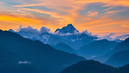 Beautiful view of Himalaya mountains at sunset. Uttarakhand, Indiaの写真素材
