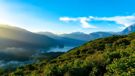 Mountain landscape with fog at sunset. View of the mountains.の写真素材