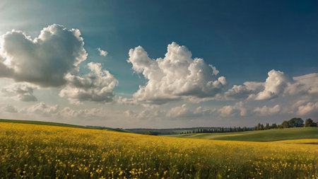 Beautiful spring landscape with yellow field and blue sky with white clouds