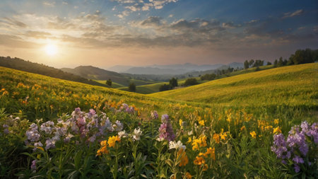 Sunset in Tuscany, Italy. Blooming meadow with wildflowersの写真素材
