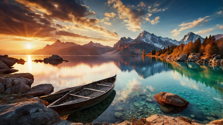 Fantastic sunrise on lake Misurina. Location: Misurina lake, Dolomites, Italy, Europeの写真素材
