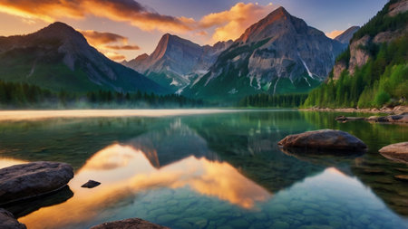 Mountain lake in the Dolomites at sunrise, Italy.の写真素材