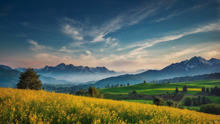 Beautiful spring landscape with meadows and mountains in the background.の写真素材