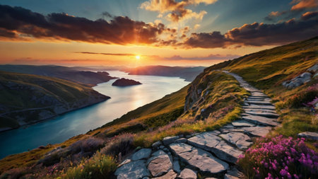 Panoramic view of the fjord at sunsetの写真素材
