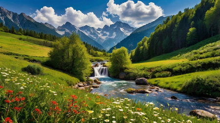 Panoramic view of the alpine meadow with wildflowers and waterfall