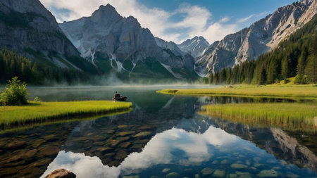 Lake in the Dolomites with reflection of the mountains in the water
