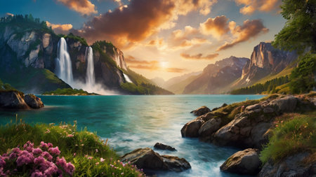 Fantastic panoramic view of the waterfall. Fantastic summer scene. Dramatic sky. Beauty world.