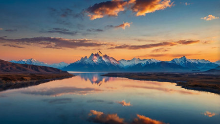 Beautiful sunset over lake. Landscape with mountains reflected in water.