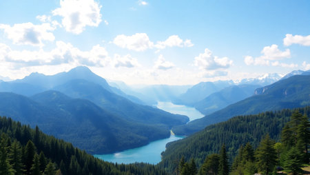 panoramic view of the lake in the mountains with blue sky